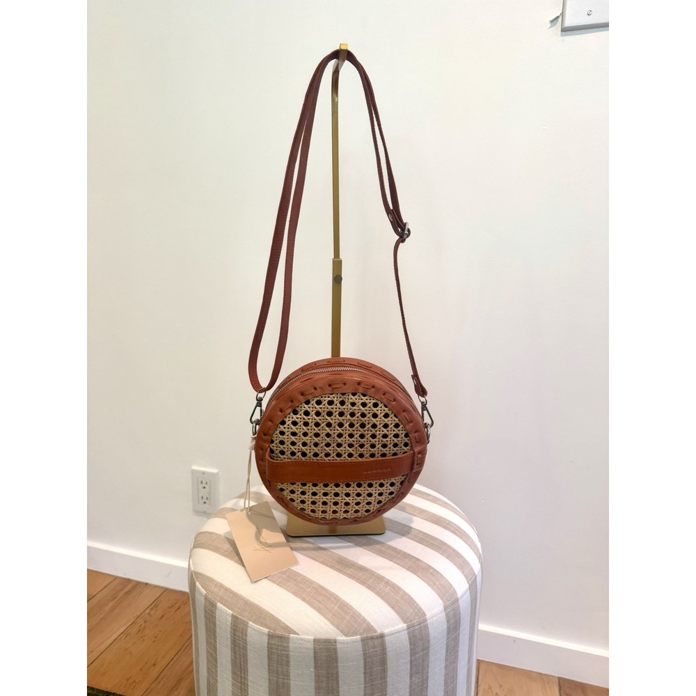 Handwoven Rattan & Cognac Leather Round Crossbody Shoulder NEW Wicker Boho Bali